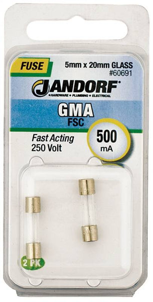 Jandorf 60691 Fast Acting Fuse, 500 mA, 250 V, 35 A, 10 kA Interrupt, Glass Body