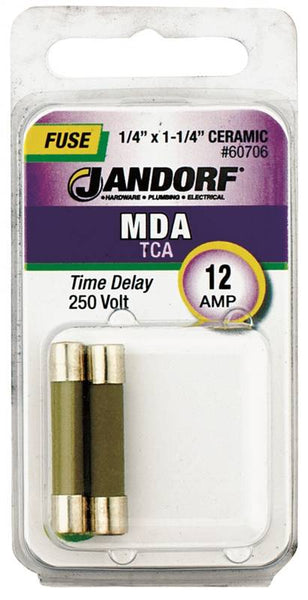 Jandorf 60706 Time Delay Fuse, 12 A, 250 V, 750 A, 10 kA Interrupt, Ceramic Body