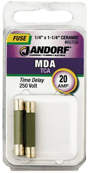 Jandorf 60708 Time Delay Fuse, 20 A, 250 V, 1500 A, 10 kA Interrupt, Ceramic Body