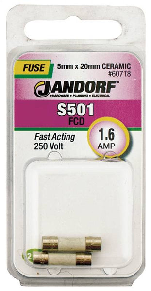 Jandorf 60718 Fast Acting Fuse, 1.6 A, 250 V, 1500 A Interrupt, Ceramic Body