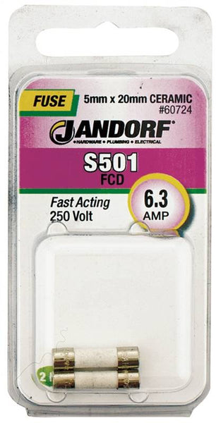 Jandorf 60724 Fast Acting Fuse, 6.3 A, 250 V, 1500 A Interrupt, Ceramic Body