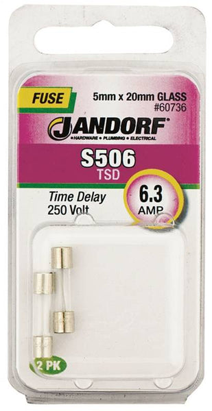 Jandorf 60736 Time Delay Fuse, 6.3 A, 250 V, 63 A Interrupt, Glass Body