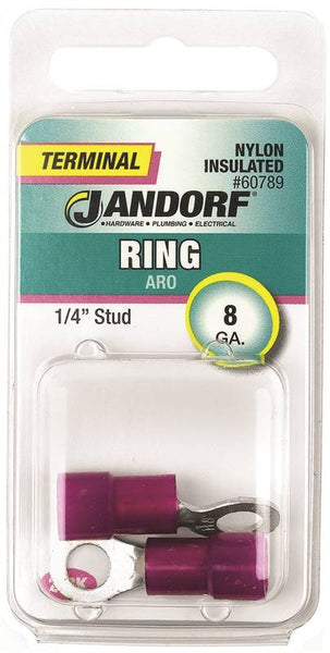 Jandorf 60789 Ring Terminal, 8 AWG Wire, 1/4 in Stud, Nylon Insulation, Copper Contact, Red