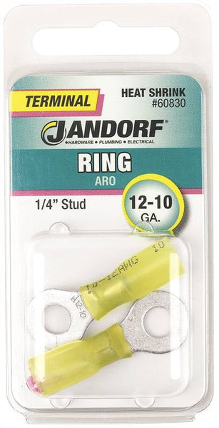 Jandorf 60830 Ring Terminal, 12 to 10 AWG Wire, 1/4 in Stud, Copper Contact, Yellow