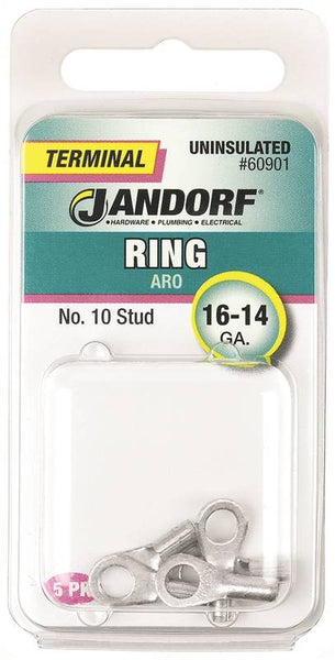 Jandorf 60901 Ring Terminal, 16 to 14 AWG Wire, #10 Stud, Copper Contact