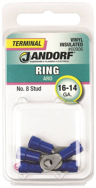 Jandorf 60906 Ring Terminal, 16 to 14 AWG Wire, #8 Stud, Vinyl Insulation, Copper Contact, Blue