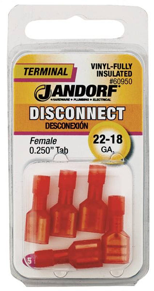 Jandorf 60950 Disconnect Terminal, 22 to 18 AWG Wire, Vinyl Insulation, Copper Contact, Red