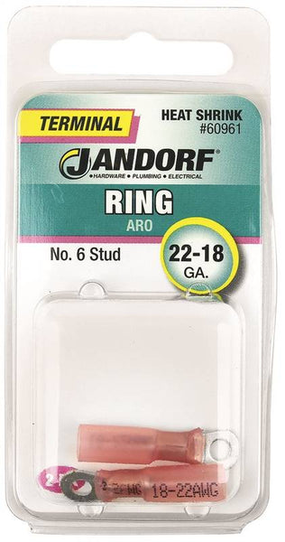 Jandorf 60961 Ring Terminal, 22 to 18 AWG Wire, #6 Stud, Pink