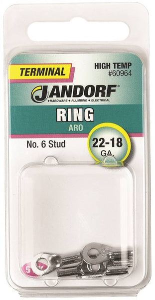 Jandorf 60964 Ring Terminal, 22 to 18 AWG Wire, #6 Stud, Copper Contact