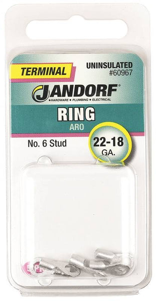 Jandorf 60967 Ring Terminal, 22 to 18 AWG Wire, #6 Stud, Copper Contact