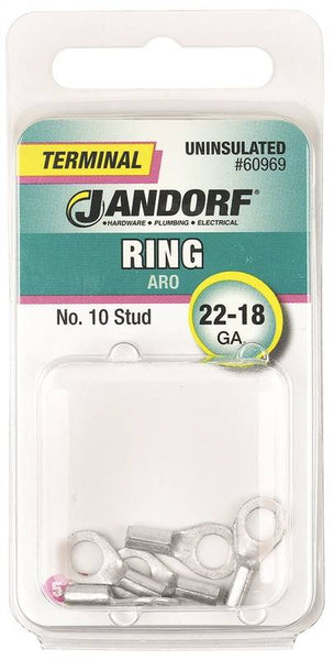 Jandorf 60969 Ring Terminal, 22 to 18 AWG Wire, #10 Stud, Copper Contact