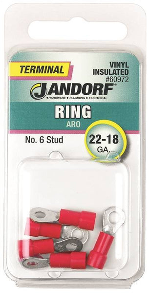 Jandorf 60972 Ring Terminal, 22 to 18 AWG Wire, #6 Stud, Vinyl Insulation, Copper Contact, Red