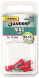 Jandorf 60974 Ring Terminal, 22 to 18 AWG Wire, #10 Stud, Vinyl Insulation, Copper Contact, Red