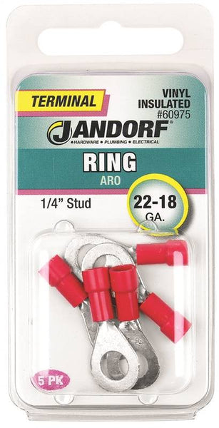 Jandorf 60975 Ring Terminal, 22 to 18 AWG Wire, 1/4 in Stud, Vinyl Insulation, Copper Contact, Red