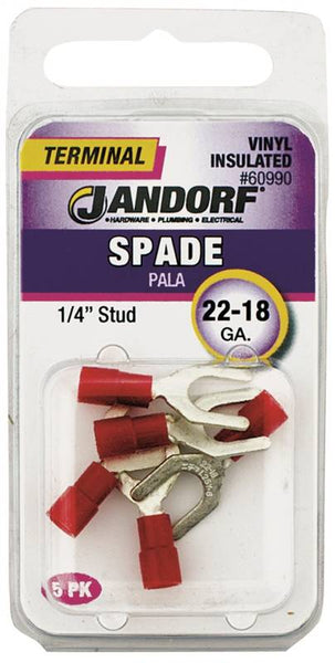 Jandorf 60990 Spade Terminal, 600 V, 22 to 18 AWG Wire, 1/4 in Stud, Vinyl Insulation, Copper Contact, Red