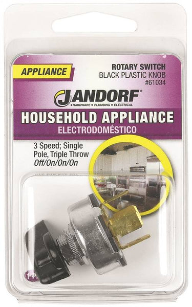Jandorf 61034 Single Circuit Rotary Switch, 1 A, 125 V, SPTT, Plastic, Black