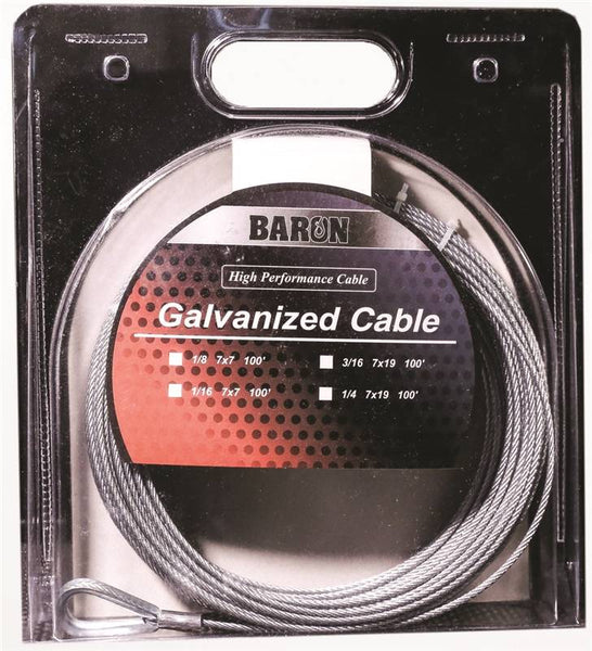 BARON 76005/50067 Aircraft Cable, 1/16 in Dia, 100 ft L, 96 lb Working Load, Galvanized Steel