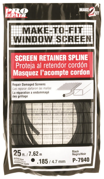 Make-2-Fit P7940 Screen Retainer Spline, 0.185 in D, 25 ft L, Vinyl, Black, Round