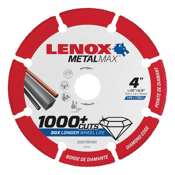 Lenox MetalMax 1972920 Cut-Off Wheel, 4 in Dia, 3/64 in Thick, 5/8 in Arbor, 40, 50 Grit, Diamond Abrasive