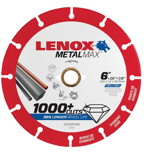 Lenox MetalMax 1972923 Cut-Off Wheel, 6 in Dia, 3/64 in Thick, 7/8 in Arbor, 40, 50 Grit, Diamond Abrasive