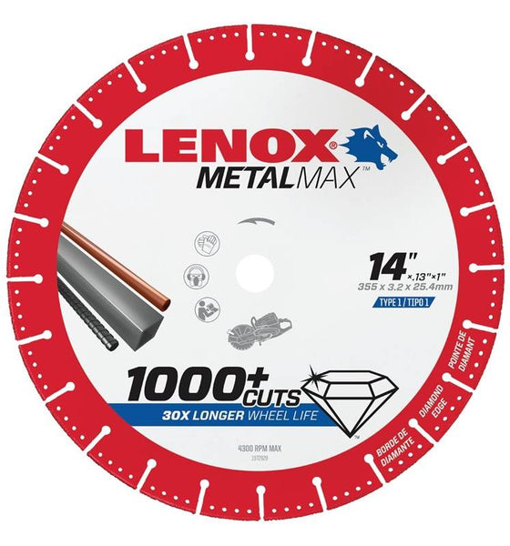 Lenox MetalMax 1972932 Cut-Off Wheel, 14 in Dia, 5/32 in Thick, 1 in Arbor, 25, 30 Grit, Diamond Abrasive