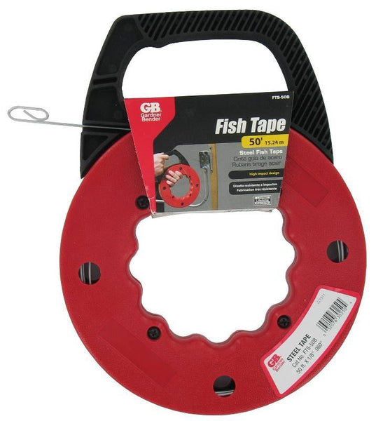 GB FTS Series FTS-50B Fish Tape, 1/8 in Tape, 50 ft L Tape, Steel Tape, Red Case