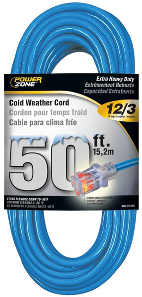 PowerZone Extension Cord, 12 AWG Cable, 5-15P Grounded Plug, 5-15R Grounded Receptacle, 50 ft L, 15 A, 125 V