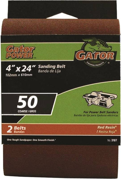 Gator 3187 Sanding Belt, 4 in W, 24 in L, 50 Grit, Coarse, Aluminum Oxide Abrasive