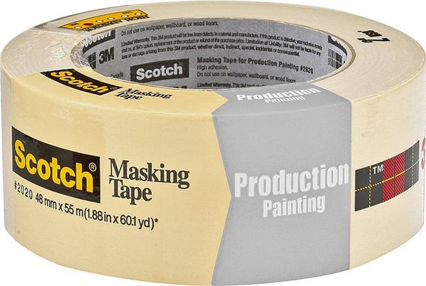 Scotch 2020-2A Masking Tape, 60 yd L, 2 in W, Crepe Paper Backing, Beige