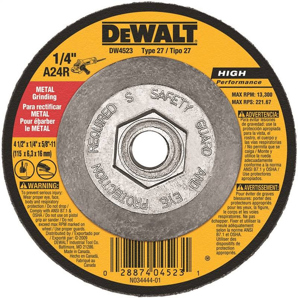 DeWALT DW4523 Grinding Wheel, 4-1/2 in Dia, 1/4 in Thick, 5/8-11 in Arbor, 24 Grit, Very Coarse