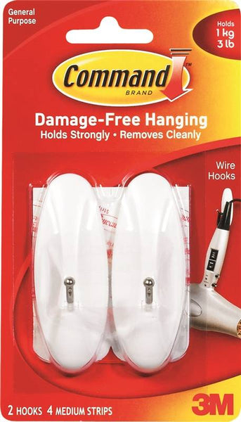 Command 17068 Wire Hook, 0.3 in Opening, 3 lb, 2-Hook, Metal/Plastic, White