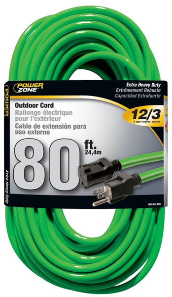 PowerZone Extension Cord, 12 AWG Cable, 80 ft L, 15 A, 125 V, Neon Green