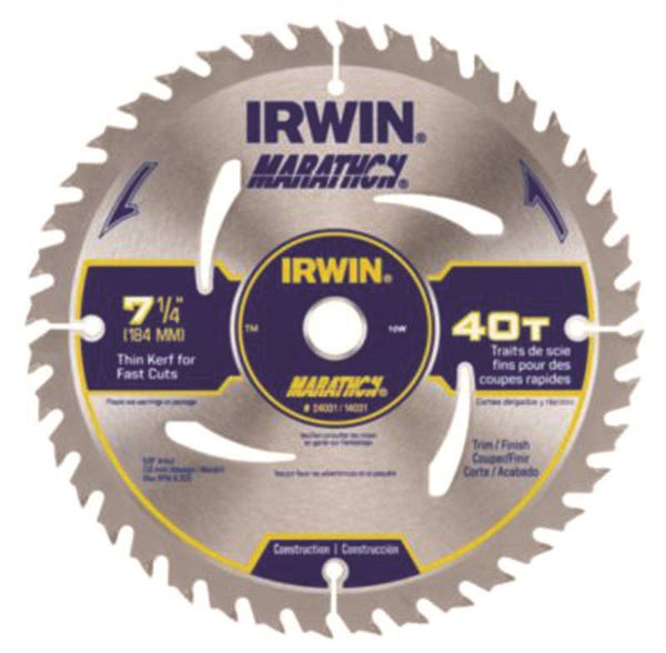 IRWIN MARATHON 24031 Circular Saw Blade, 7-1/4 in Dia, 5/8 in Arbor, 40-Teeth, Carbide Cutting Edge