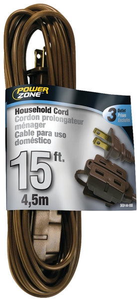 PowerZone Extension Cord, 16 AWG Cable, 15 ft L, 13 A, 125 V, Brown