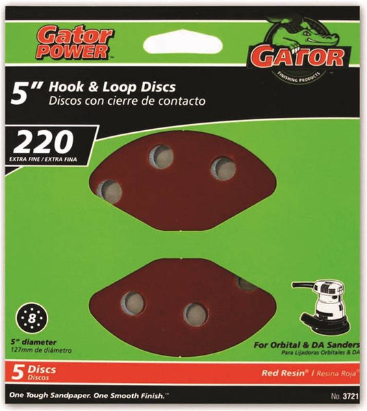 Gator 3721 Sanding Disc, 5 in Dia, 220 Grit, Extra Fine, Aluminum Oxide Abrasive, Vented