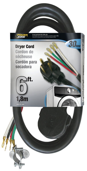 PowerZone Power Supply Dryer Cord, 10 AWG Cable, 6 ft L, 30 A, 250 V, Black