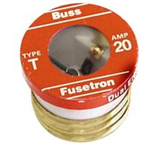 Bussmann BP/T-20 Plug Fuse, 20 A, 125 V, 10 kA Interrupt, Plastic Body, Low Voltage, Time Delay Fuse