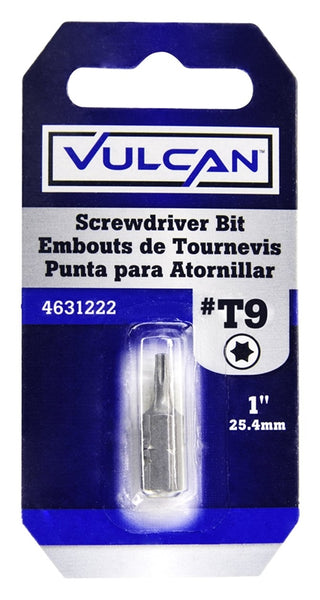 Vulcan Screwdriver Bit, T9, Torx, 1-4 In Hex Shank, 1 In L, S2 Chrome Molybdenum Steel, Chrome