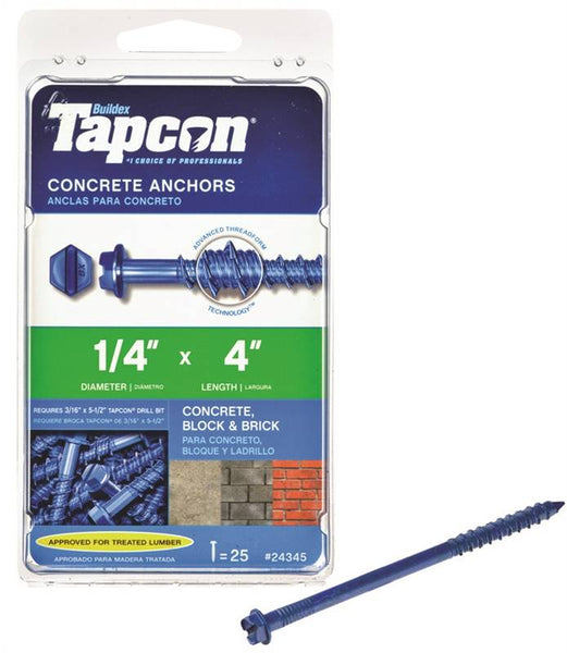 Buildex Tapcon 24345 Screw Anchor, Hex, Phillips, Slotted Drive, Steel, Climaseal, 25 PK