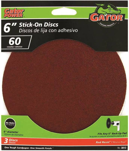 Gator 3012 Sanding Disc, 6 in Dia, 60 Grit, Coarse, Aluminum Oxide Abrasive, Pressure-Sensitive Adhesive Backing