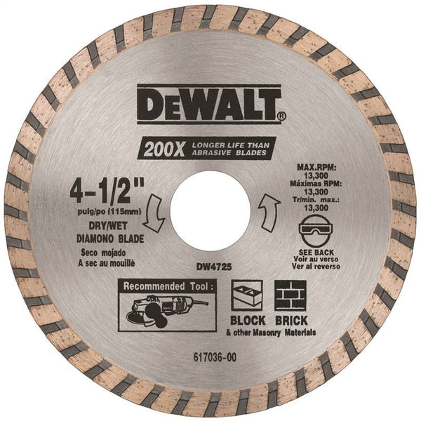 DeWALT DW4725 Circular Turbo Blade, 4-1-2 in Dia, 7-8 in Arbor, Diamond Cutting Edge