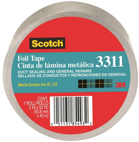 Scotch 3311-10A Foil Tape, 10 yd L, 2 in W, Aluminum Backing, Silver
