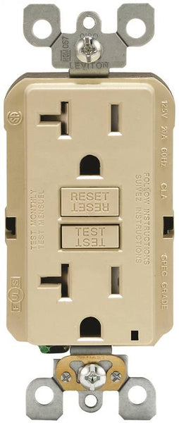 Leviton R91-GFTR2-0KI GFCI Duplex Receptacle, 2 -Pole, 20 A, 125 V, Back, Side Wiring, NEMA: 5-20R, Ivory