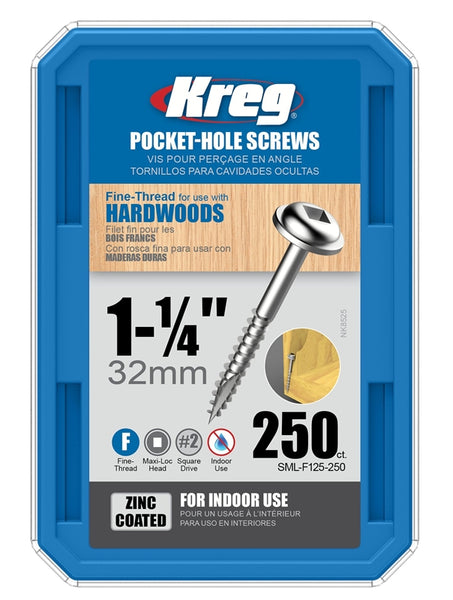 Kreg SML-F125-250 Pocket-Hole Screw, #7 Thread, 1-1/4 in L, Fine Thread, Maxi-Loc Head, Square Drive, Carbon Steel, Zinc