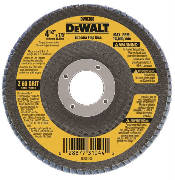 DeWALT DW8308 Flap Disc, 4-1/2 in Dia, 7/8 in Arbor, Coated, 60 Grit, Medium, Zirconia Abrasive