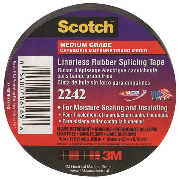 Scotch 6165-BA-10 Splicing Tape, 15 ft L, 3/4 in W, Rubber Backing, Black