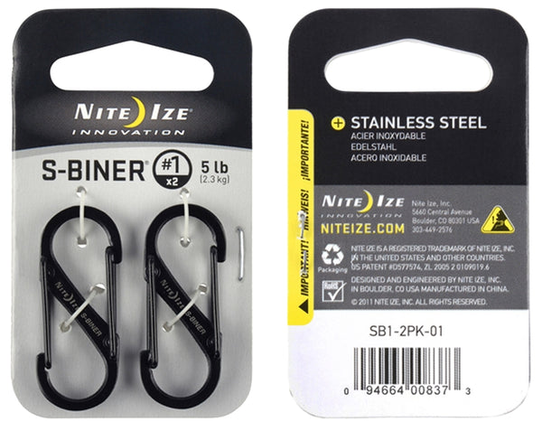 Nite Ize S-Biner Series SB1-2PK-01 Dual Carabiner, #1 Dia Ring, Stainless Steel, Black