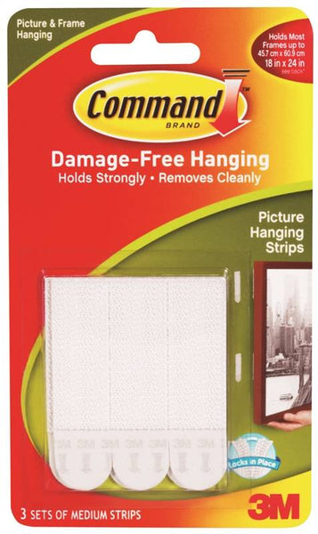 Command 17201 Picture Hanging Strip, 3/64 in Thick, Paper Backing, White, 3 lb