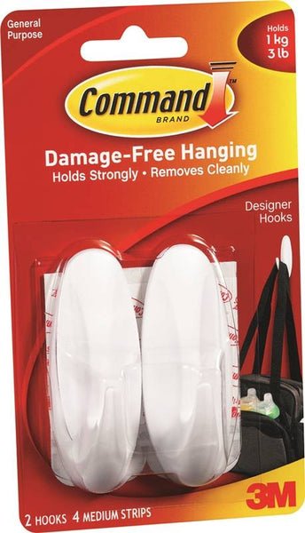 Command 17081-2VP Designer Hook, 3 lb, 4-Hook, Plastic, White