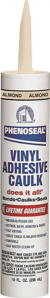 DAP PHENOSEAL 02102 Vinyl Adhesive Caulk, Almond, 48 hr Curing, -20 to 180 deg F, 10 oz Cartridge